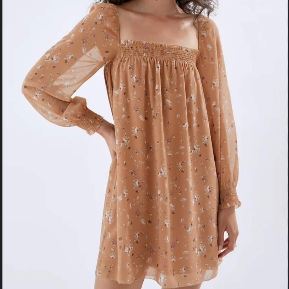 Aritzia Wilfred Alana Smocked Mini Babydoll Long Sleeve Mini Floral Print Sz 2XS